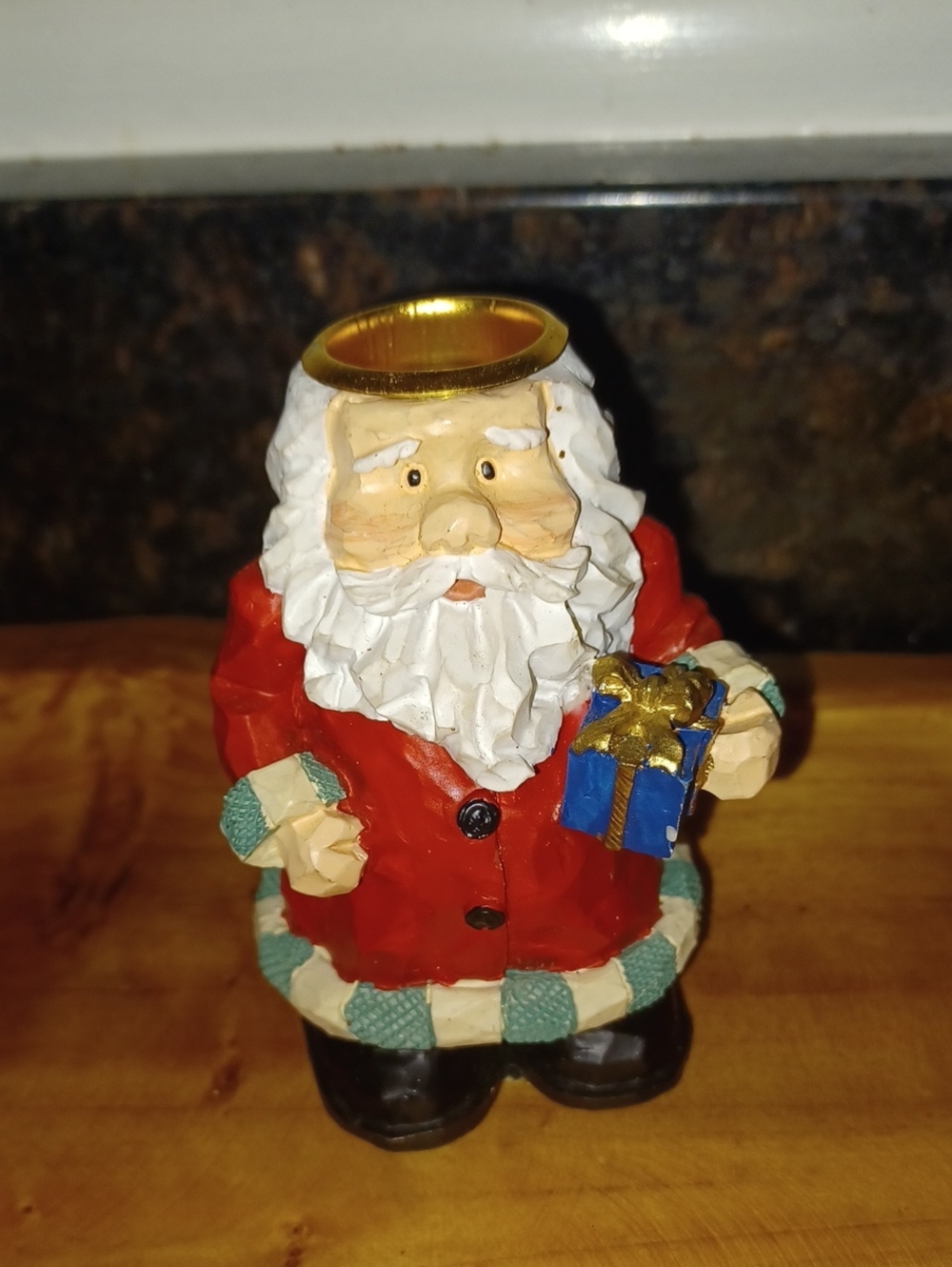 Vintage Faux Wood Carved Resin Santa Claus Taper Candle Holder Folk Art St Nick